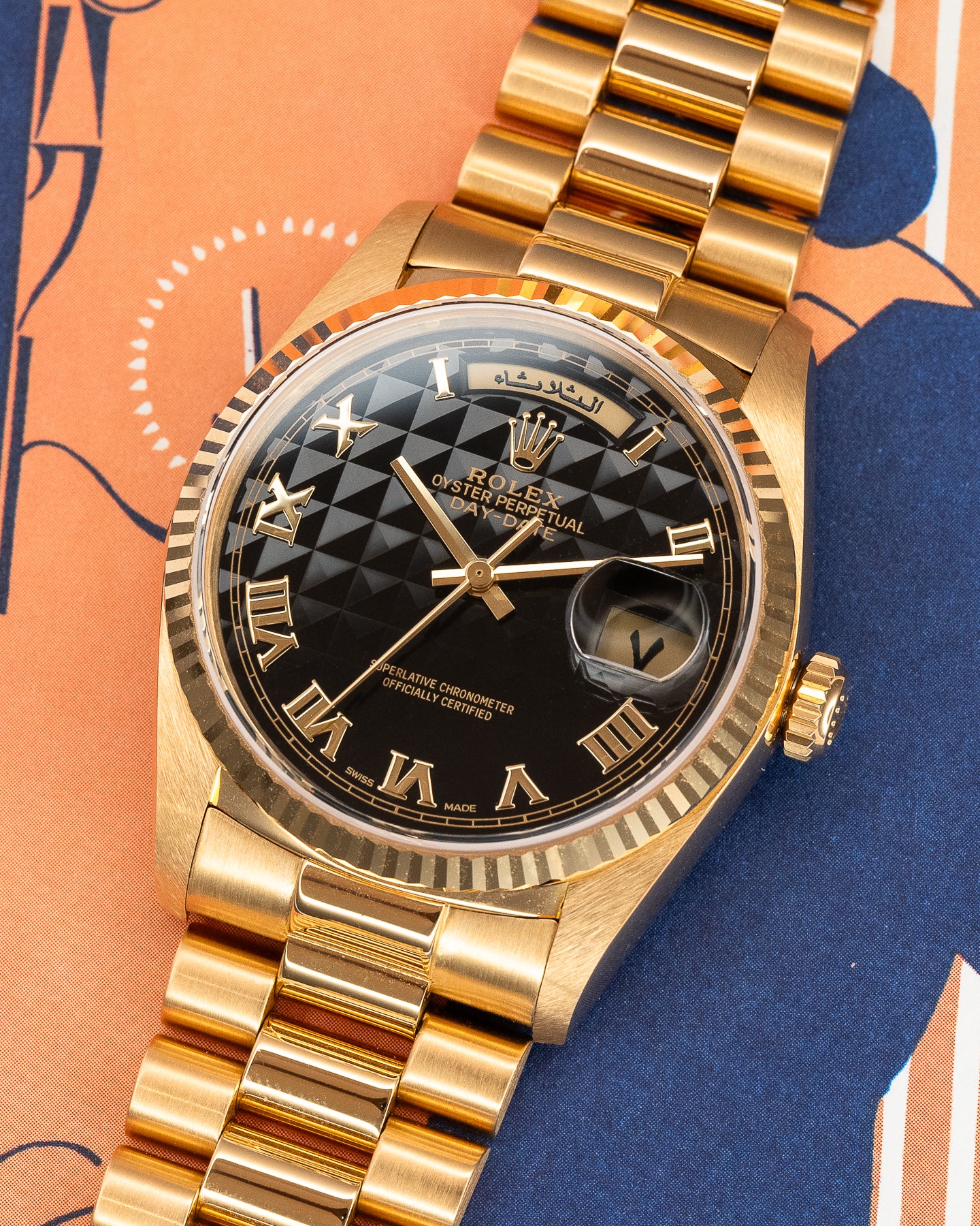 Day-Date President 18038  ‘Eastern Arabic’ Black Pyramid Dial Yellow Gold 36mm w/ Rolex Service Card