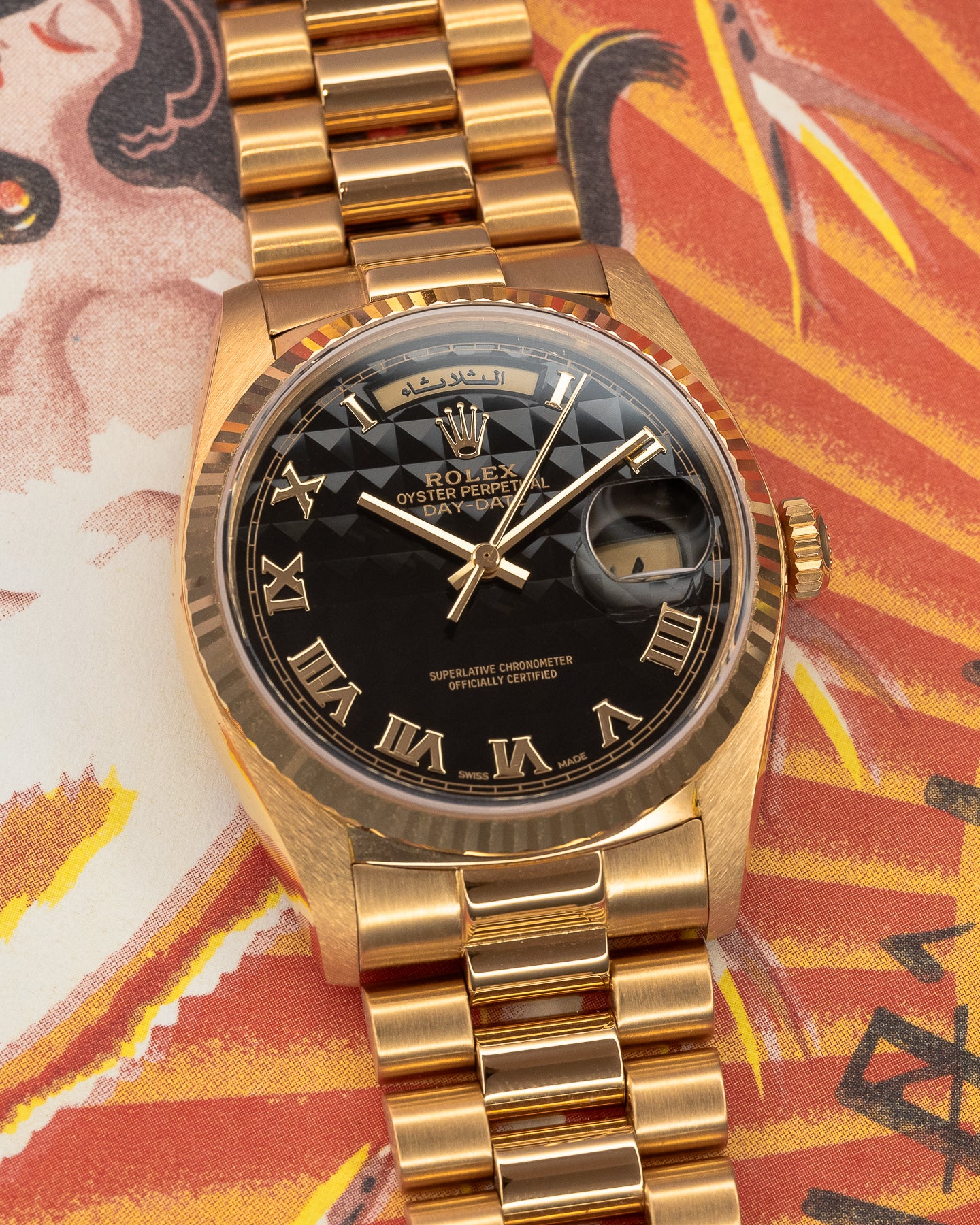 Day-Date President 18038  ‘Eastern Arabic’ Black Pyramid Dial Yellow Gold 36mm w/ Rolex Service Card