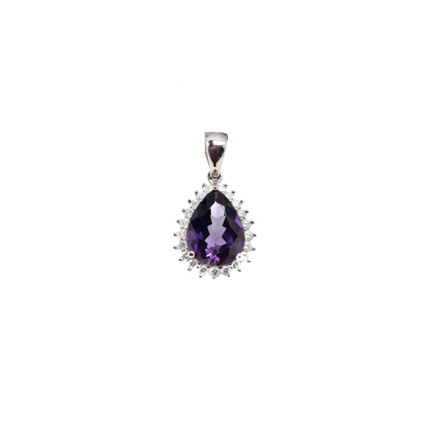 Pear Cut Purple Amethyst & Diamond Halo Pendant