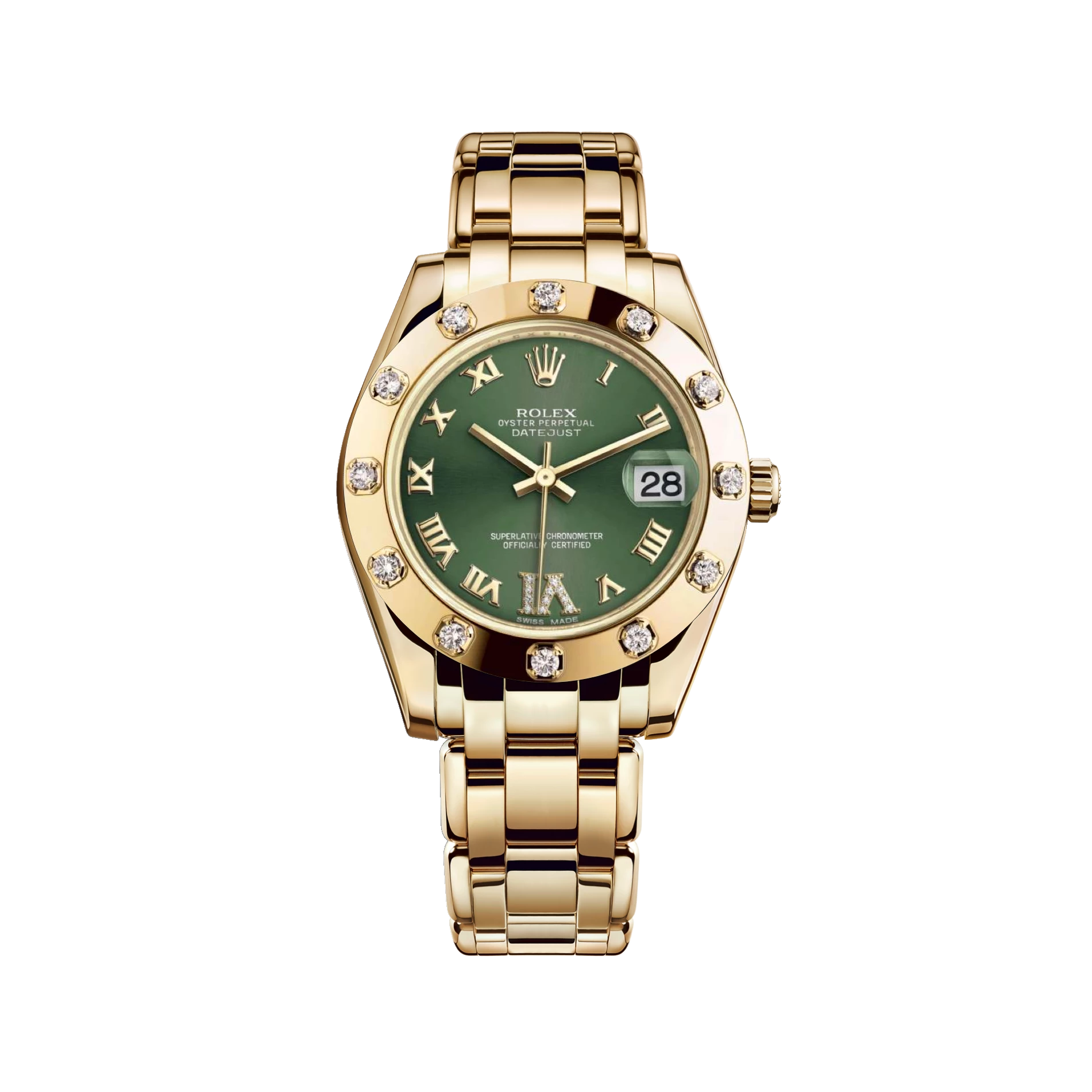 Datejust Pearlmaster 81318 Yellow Gold Olive Green Diamond Dial 34mm