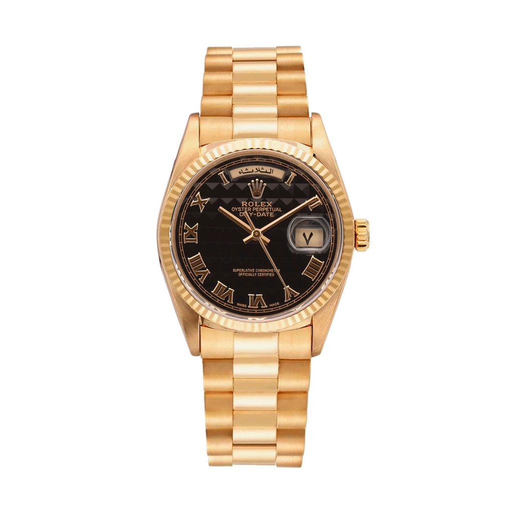 Day-Date President 18038  ‘Eastern Arabic’ Black Pyramid Dial Yellow Gold 36mm w/ Rolex Service Card