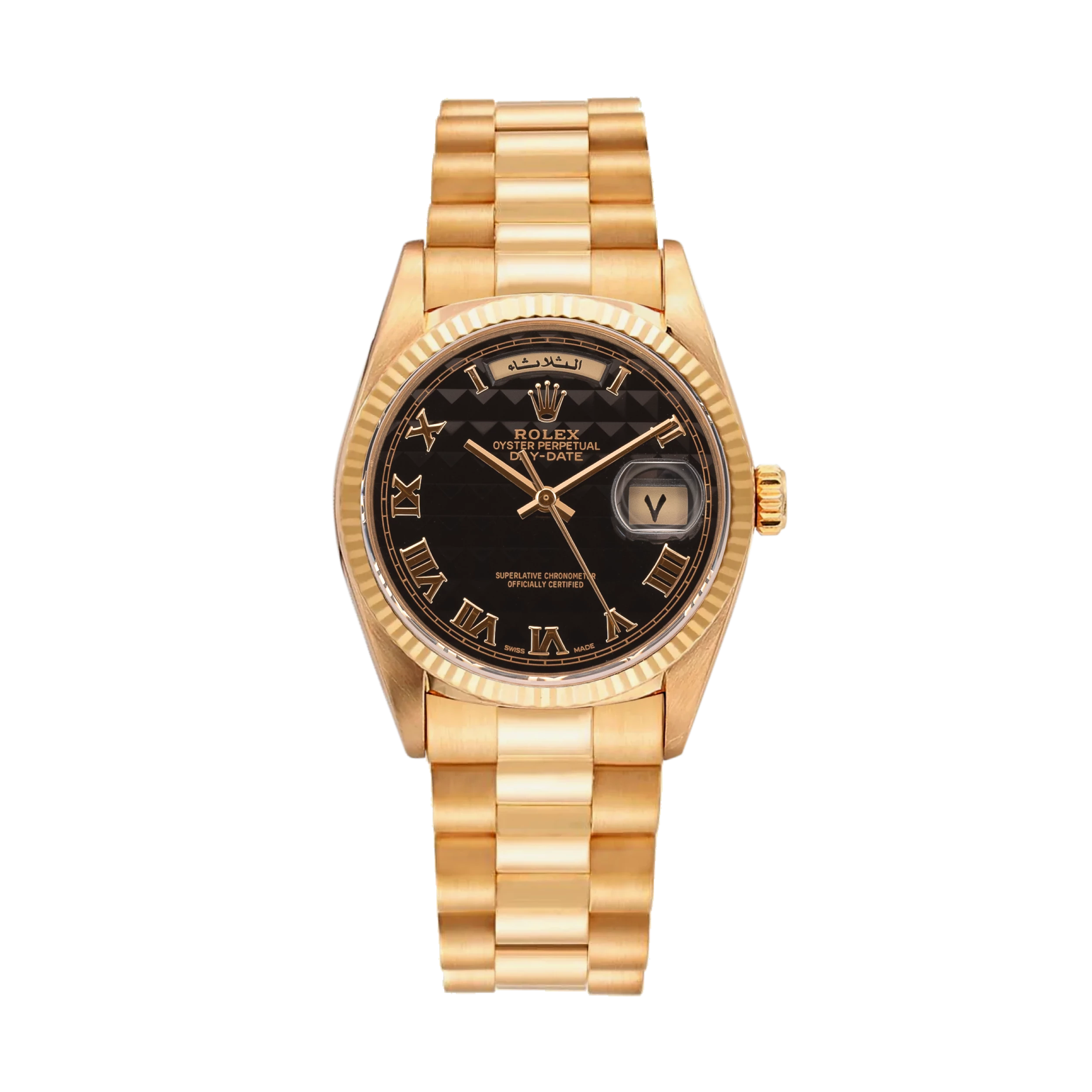 Day-Date President 18038  ‘Eastern Arabic’ Black Pyramid Dial Yellow Gold 36mm w/ Rolex Service Card