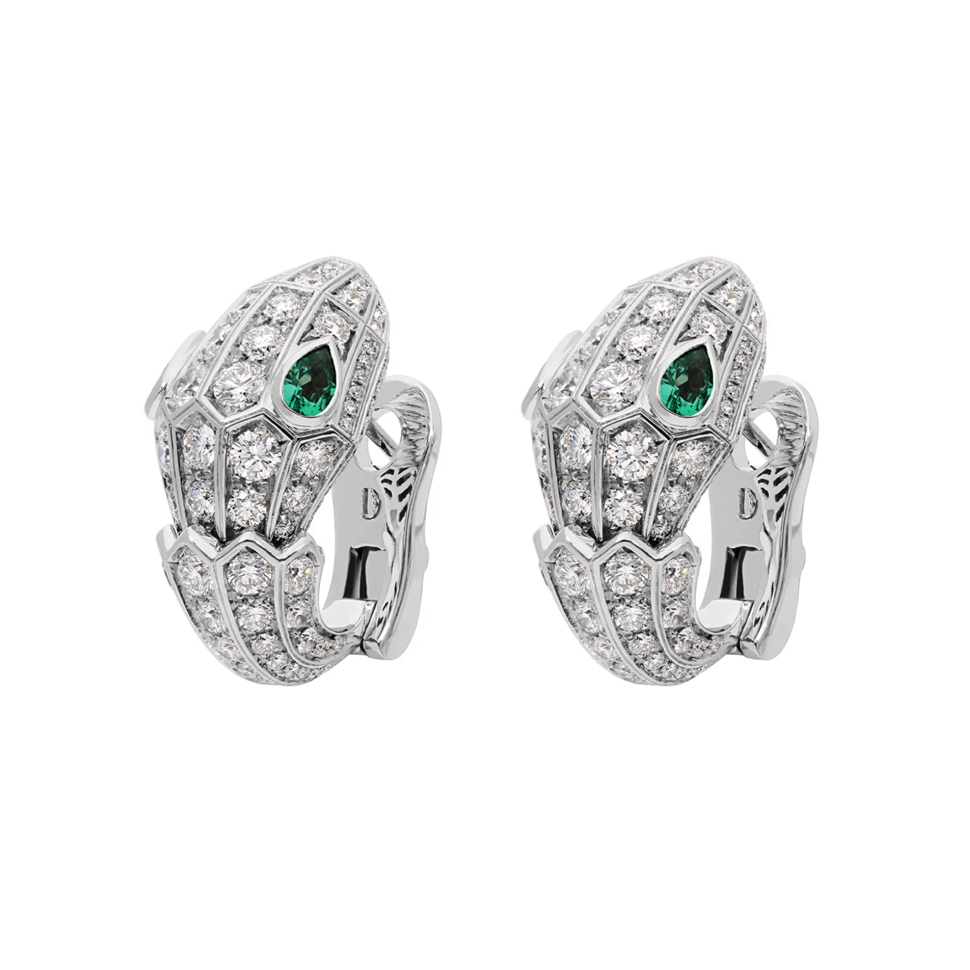 Serpenti Earings White Gold Set with emerald Eyes and pavé diamonds