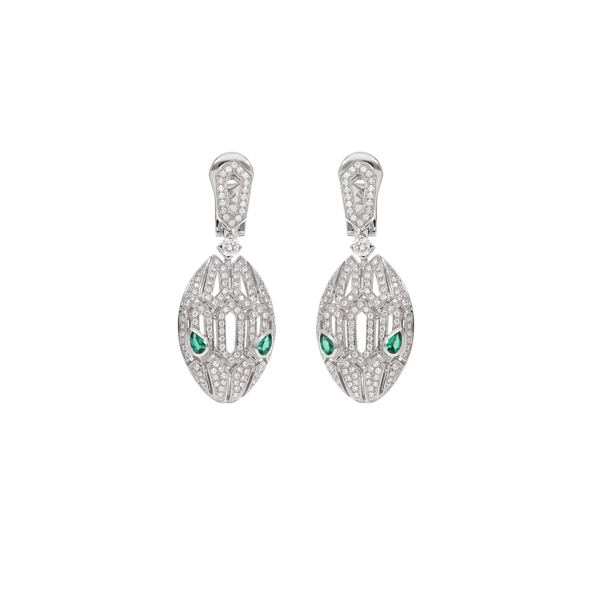Serpenti Seduttori Earrings White Gold Set with emerald Eyes and pavé diamonds