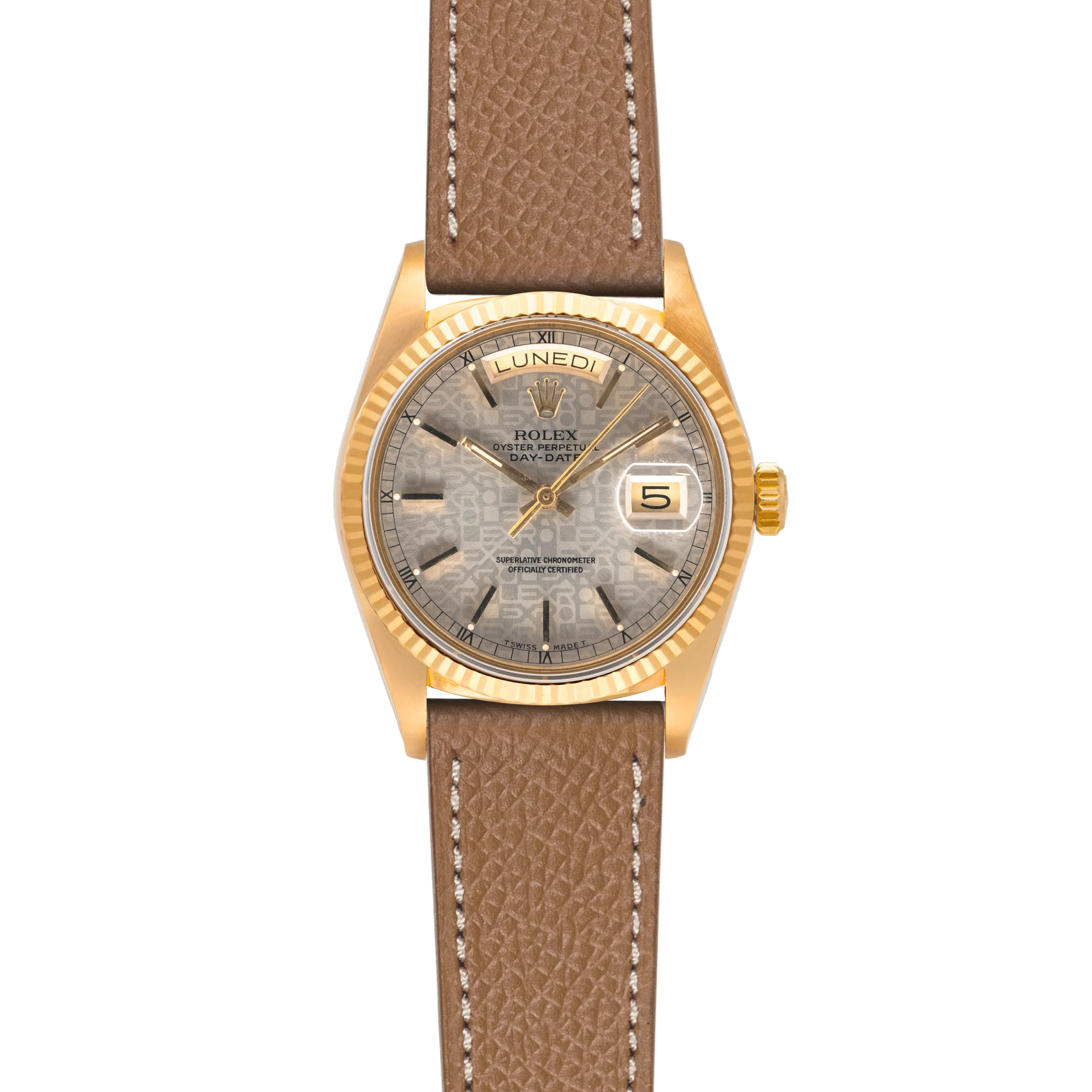 Day-Date 18038 Yellow Gold Silver Jubilee Dial Italian Day Wheel w/ pin buckle 36mm